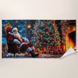 クリスマスツリーの休日の冬のアートかわいいサンタ ビーチタオル