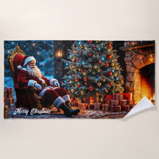 クリスマスツリーの休日の冬のアートかわいいサンタ ビーチタオル (正面)