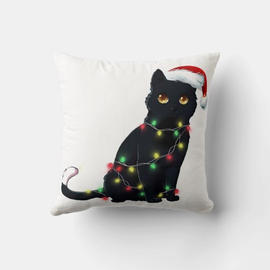 クリスマスツリーの光に照らされたサンタ黒猫 クッション (裏面)