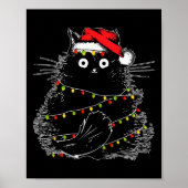 クリスマスツリーの光に照らされたサンタ黒猫 ポスター (正面)