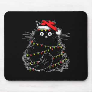 クリスマスツリーの光に照らされたサンタ黒猫 マウスパッド