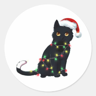 クリスマスツリーの光に照らされたサンタ黒猫 ラウンドシール