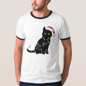 クリスマスツリーの光に照らされたサンタ黒猫 Tシャツ (正面)