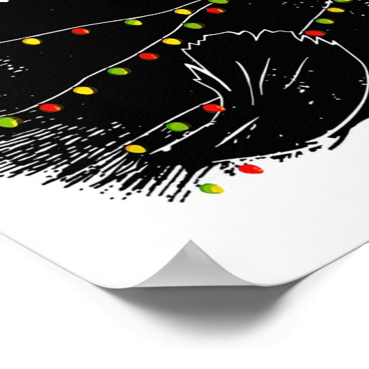 クリスマスツリーの光に絡まったサンタの黒猫 ポスター (角)