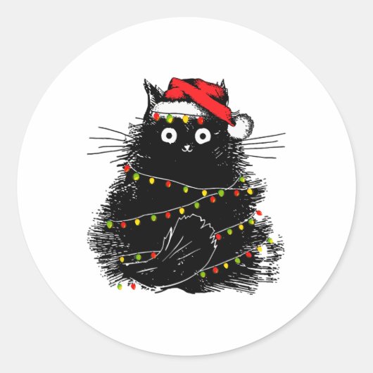 クリスマスツリーの光に絡まったサンタの黒猫 ラウンドシール (正面)