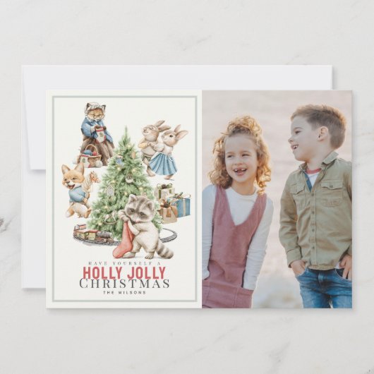 クリスマスツリーの写真を集める森林動物 シーズンカード (正面)