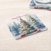 クリスマスツリーの冬の雪の風景 スクエアペーパーコースター (アングル)