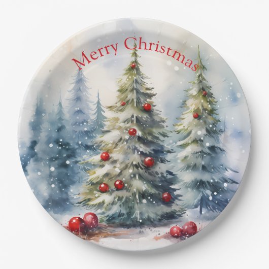クリスマスツリーの冬の雪の風景 ペーパープレート (正面)