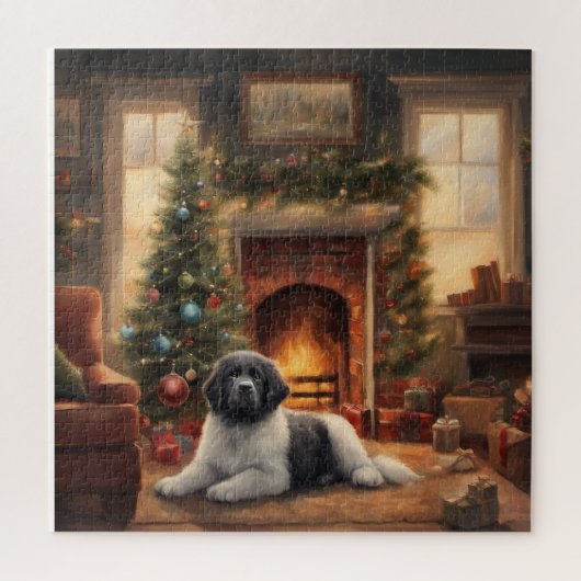 クリスマスツリーの前で座る犬 ジグソーパズル (縦)