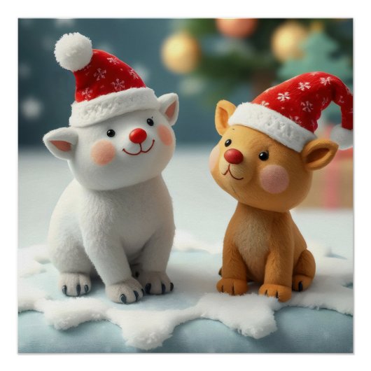 クリスマスツリーの前に座っている動物 ポスター (正面)