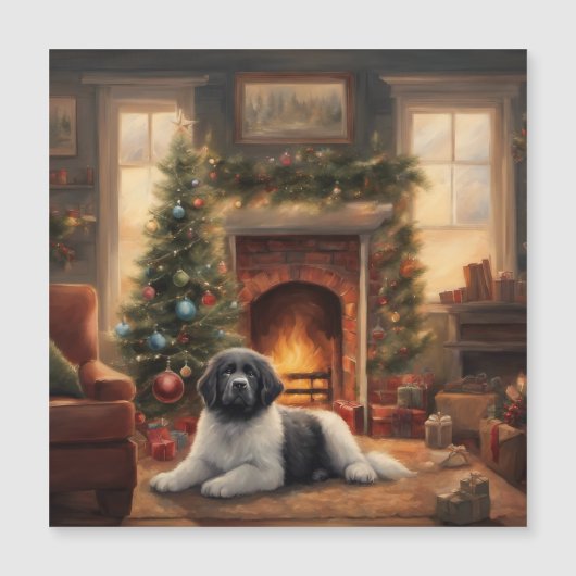 クリスマスツリーの前に座っている犬 (正面)