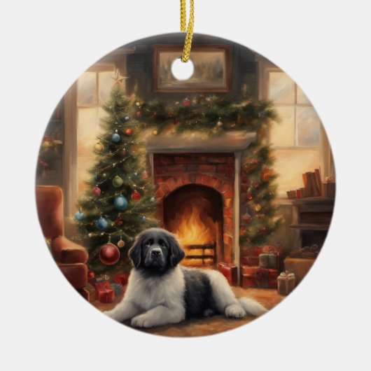 クリスマスツリーの前に座っている犬 セラミックオーナメント (正面)
