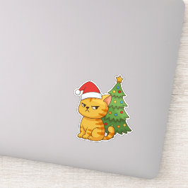 クリスマスツリーの前の怒ったオレンジタビー猫 赤い帽子 シール