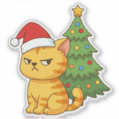 クリスマスツリーの前の怒ったオレンジタビー猫 赤い帽子 シール (正面)