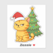 クリスマスツリーの前の怒ったオレンジタビー猫 赤い帽子 シール (シート)