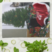 クリスマスツリーの台所タオルが付いている猫ちゃん キッチンタオル (折り畳み)