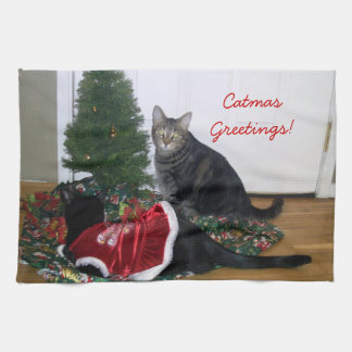 クリスマスツリーの台所タオルが付いている猫ちゃん キッチンタオル