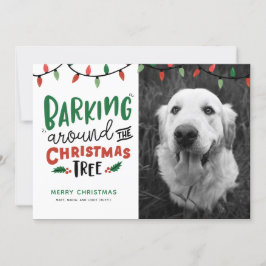クリスマスツリーの周りで吠える犬のクリスマス シーズンカード