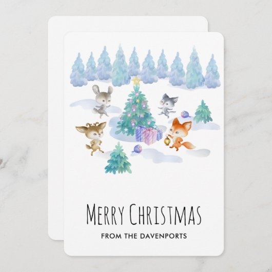 クリスマスツリーの周りで踊る森の動物たち シーズンカード (正面/裏面)