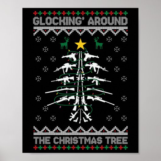 クリスマスツリーの周りでGlockingする クリスマス柄ルームウェア ポスター (正面)