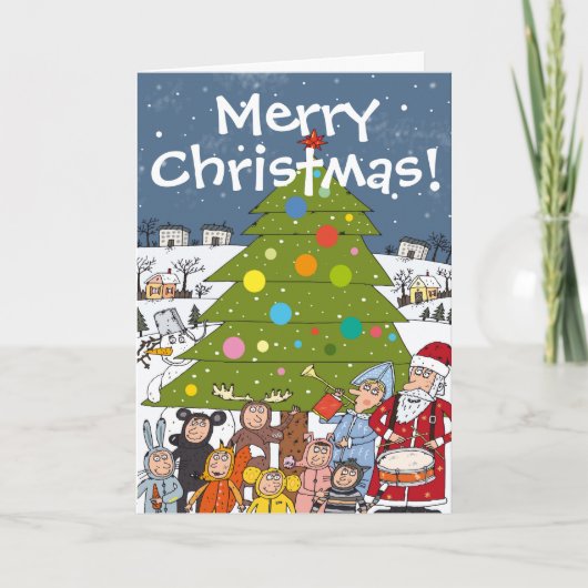 クリスマスツリーの周りのカオスなホリデーシーン シーズンカード (正面)