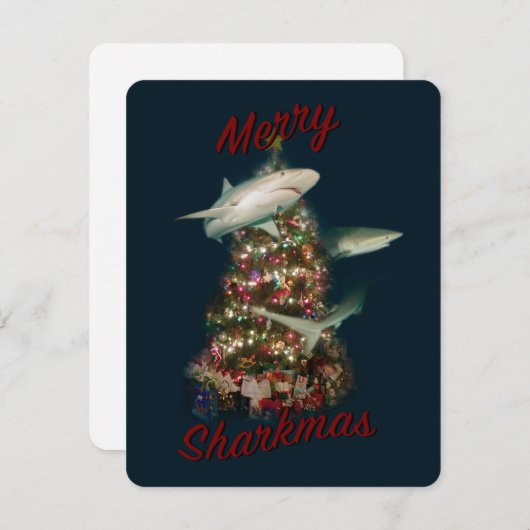 クリスマスツリーの周りのサメたち　メリーシャークマス シーズンカード (正面/裏面)