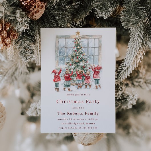 クリスマスツリーの周りの子供たちパーティー 招待状