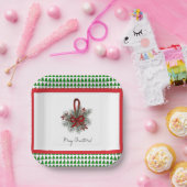 クリスマスツリーの境界線が付いた松と赤いリボンの紙皿 ペーパープレート (パーティー)