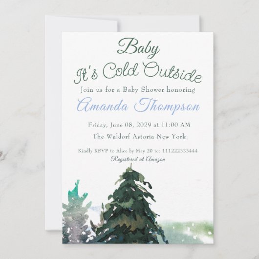 クリスマスツリーの外で冷たいベビーシャワー 招待状 (正面)