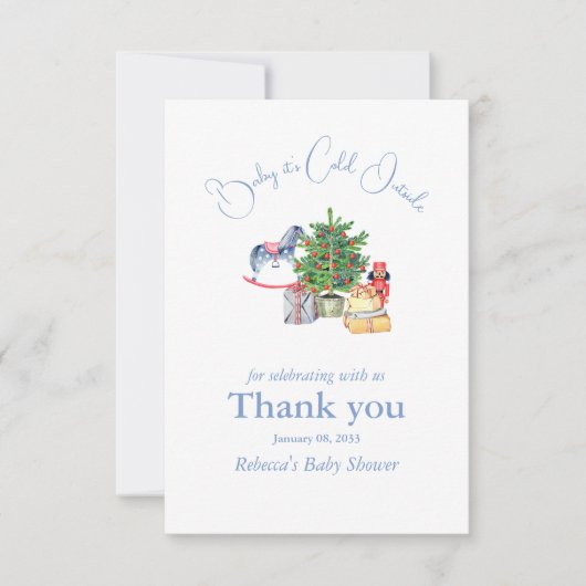 クリスマスツリーの外で冷たい男の子の赤ちゃんシャワー サンキューカード (正面)