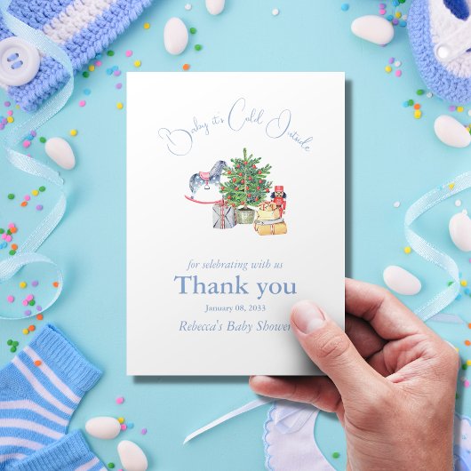 クリスマスツリーの外で冷たい男の子の赤ちゃんシャワー サンキューカード