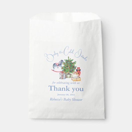 クリスマスツリーの外で冷たい男の子の赤ちゃんシャワー フェイバーバッグ (正面)