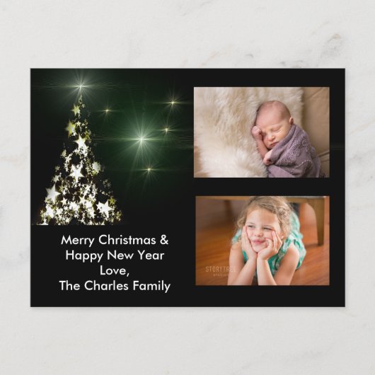 クリスマスツリーの夜空はがきに写真と星 シーズンポストカード (正面)