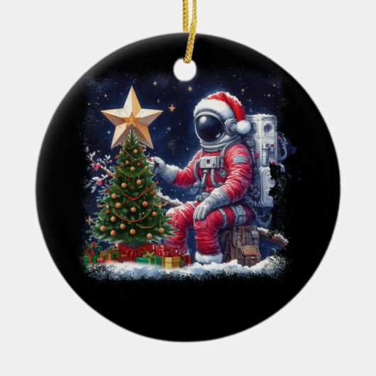 クリスマスツリーの宇宙空間Chris近くの宇宙飛行士 セラミックオーナメント (正面)