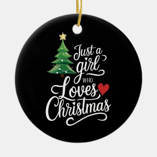 クリスマスツリーの家族の贈り物を愛しているだけの女の子 セラミックオーナメント (正面)