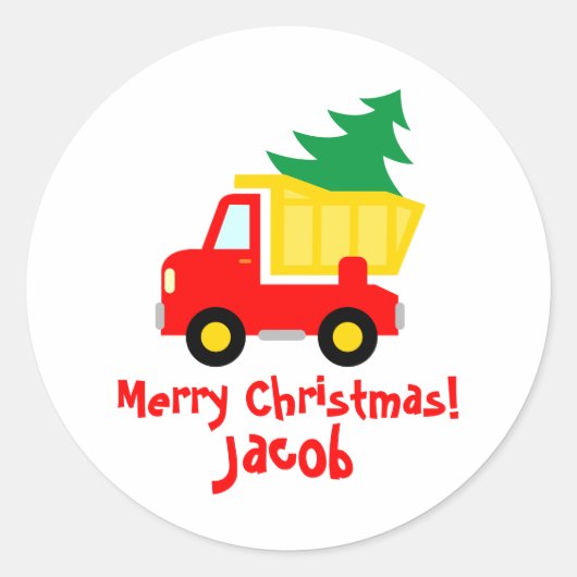 クリスマスツリーの小さな子供と可愛い赤いトラック ラウンドシール (正面)