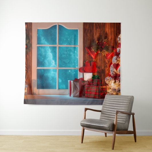 クリスマスツリーの小屋の冬のクリスマスの背景幕 タペストリー (インサイチュ(横))