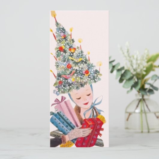 クリスマスツリーの帽子のヴィンテージ女性 クリスマスカード 招待状 (スタンド正面)