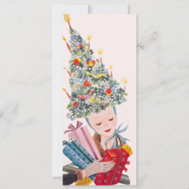クリスマスツリーの帽子のヴィンテージ女性 クリスマスカード 招待状