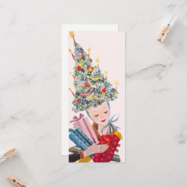 クリスマスツリーの帽子のヴィンテージ女性 クリスマスカード 招待状