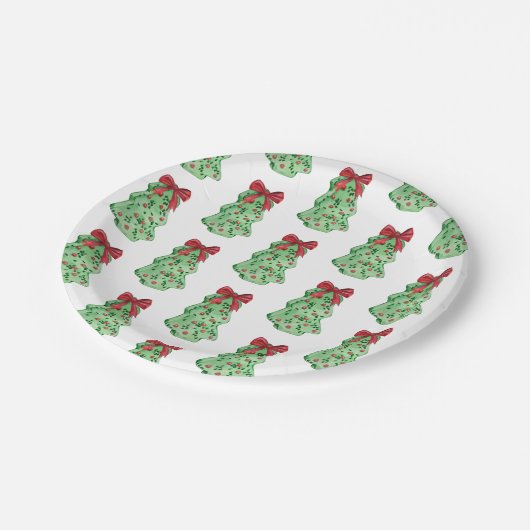 クリスマスツリーの弓砂漠の休日の緑の赤 ペーパープレート (アングル)