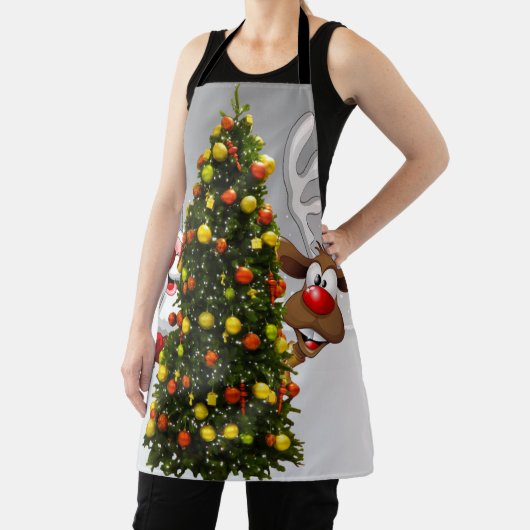 クリスマスツリーの後ろのサンタクロースとトナカイ.j エプロン (インサイチュ)
