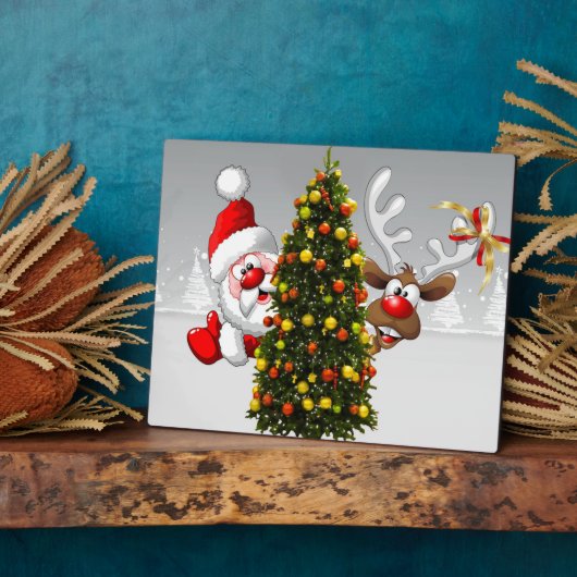 クリスマスツリーの後ろのサンタクロースとトナカイ.j フォトプラーク (側面)