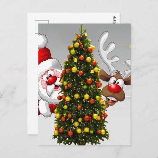 クリスマスツリーの後ろのサンタクロースとトナカイ.j ポストカード (正面/裏面)