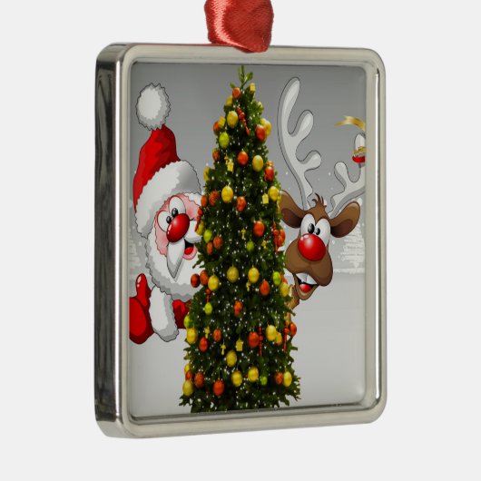 クリスマスツリーの後ろのサンタクロースとトナカイ.j メタルオーナメント (右)