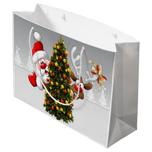 クリスマスツリーの後ろのサンタクロースとトナカイ.j ラージペーパーバッグ (裏面アングル)