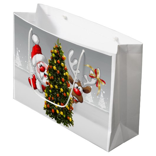 クリスマスツリーの後ろのサンタクロースとトナカイ.j ラージペーパーバッグ (正面アングル)