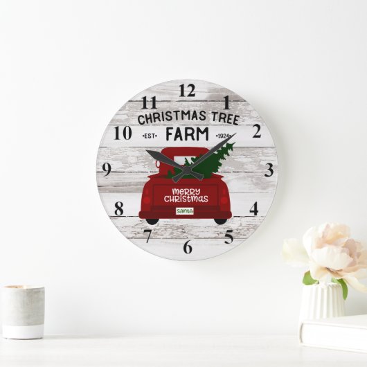 クリスマスツリーの時計IIが付いている赤いヴィンテージのトラック ラージ壁時計 (ホーム)