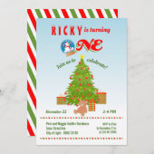 クリスマスツリーの最初の誕生日パーティーへの招待 招待状 (正面/裏面)