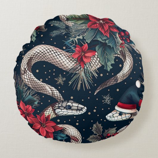クリスマスツリーの枝とシームレスなパターン、ポイ ラウンドクッション (正面)